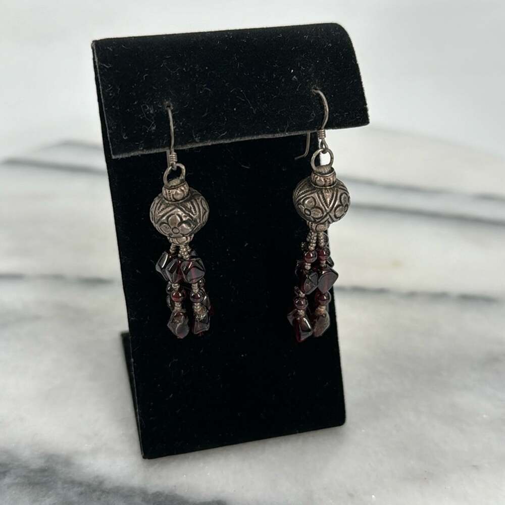 Vintage Sterling silver burgundy tassel Boho dangle earrings
